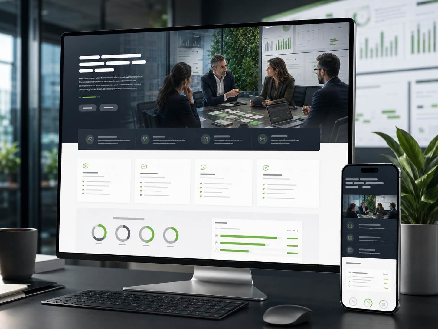 Landing Page profissional exibida em computador e smartphone