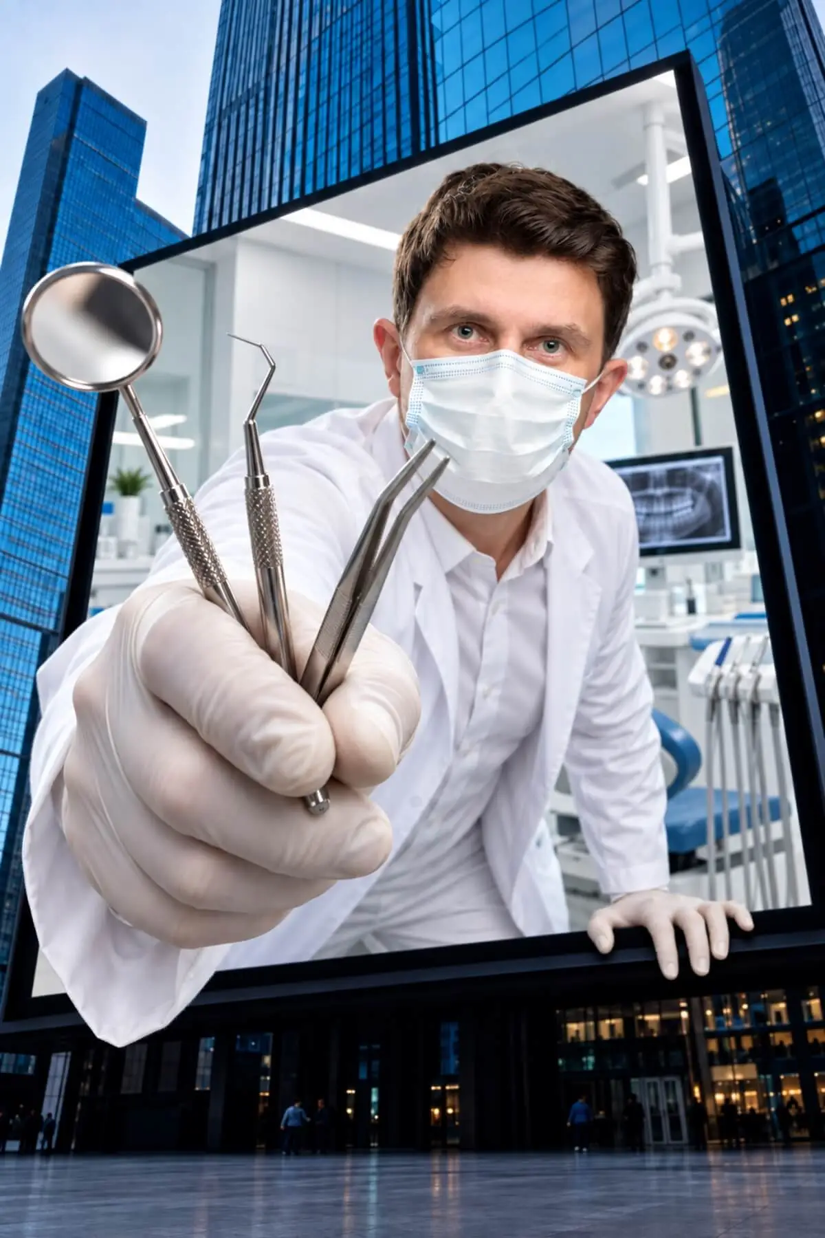 Dentista em ambiente profissional representando produção de conteúdo em vídeo para clínicas
