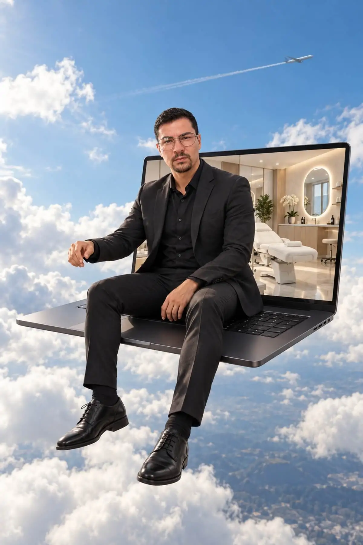 Profissional em composição criativa com notebook e ambiente de clínica